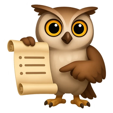 В стилистике эмоджи сгенерируй сову, она смотрит прямо на зрителя, в одном крыле она держит развернутый свиток, а другим указывает на пункты в нем, прозрачный фон sticker