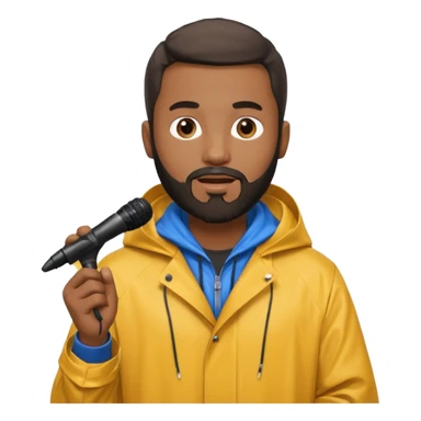 bearded black man with rain coat and microphone sticker