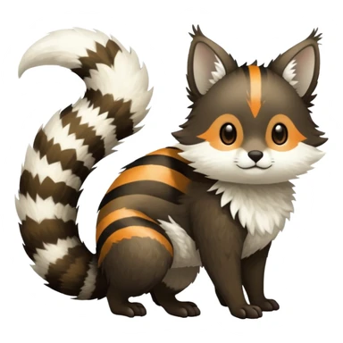 lush warm-colored Fakémon-Trico-creature (full body) with white cheek markings, white-striped tail sticker