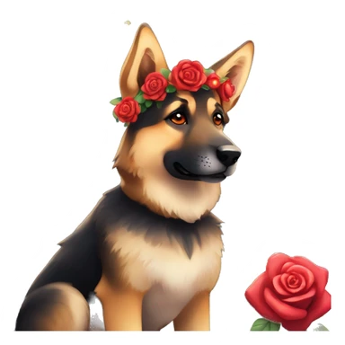 Midnight starry night stars dark Brindled German shepherd fox carrying glowing red lantern, fairy lights, rose flower crown, bokeh lights, out of focus blur sticker