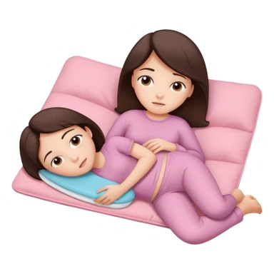  a brunette girl lying down on her side, holding a warm heating pad against her lower belly. She's uncomfortable and sad, her posture should show she’s having menstrual cramps. Use simple lines, rounded shapes, soft colors, and a clean emoji aesthetic. Make it expressive but still adorable sticker