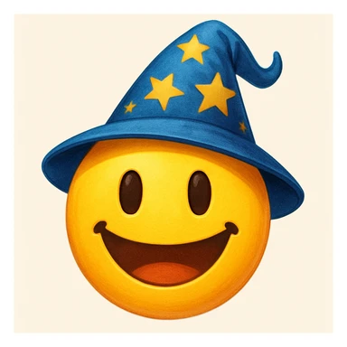 yellow face with blue wizard hat and stars emoji, digital illustration sticker