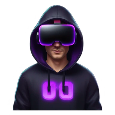 Russian man in the black hoody with violet OMG VR logo on it wearing vr headset oculus quest 2. Cyberpunk style. Violet neon. sticker