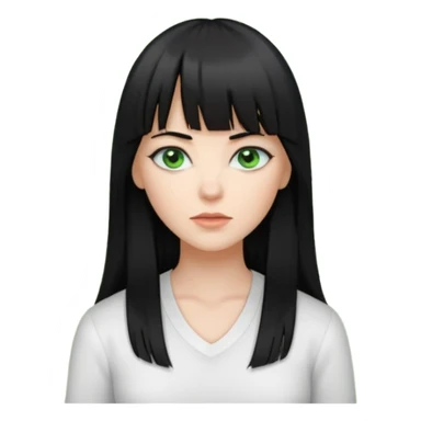 A white woman with Long straight hair with bangs, black hair, green eyes and a low-cut shirt sticker