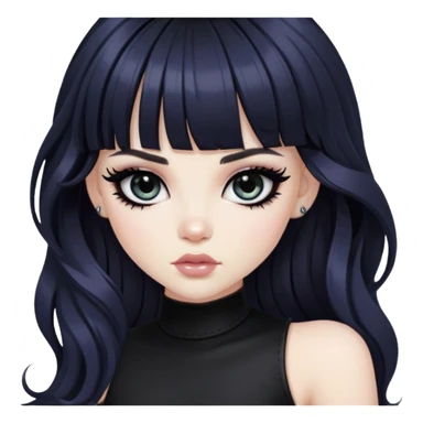 wavy black long bangs hair, pale skin, dark black iris, pretty bratz baddie, strong black eyeliner sticker