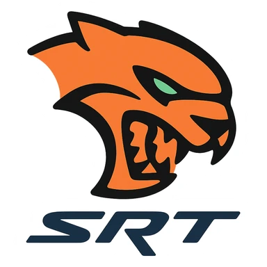 Hellcat SRT logo, stylized hellcat head with SRT lettering, sharp lines, dynamic sticker