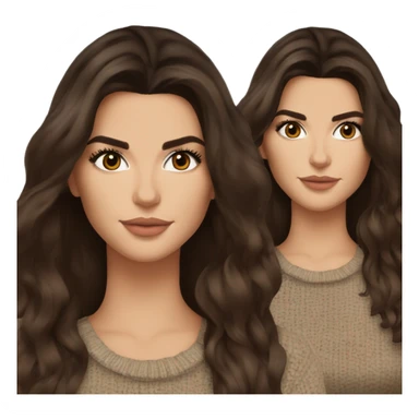 brunette Kendall Jenner with long and brown hair her eyes brown and sipping coffee Her hair is wavy and shiny With brown sweater sticker