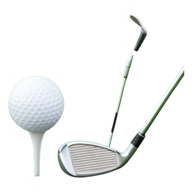 A golf ball on a tee with a golf club placed beside it, set against the backdrop of a well-manicured green golf course. The scene emphasizes the equipment and serene atmosphere of the sport, with soft lighting and a peaceful, open landscape sticker