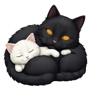 Big black cat is sleeping with a small white cat sticker