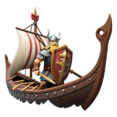 clash-of-clans-aesthetic_-cinematic-viking-longboat, rendered in a flat, bold vector style with minimal shading, featuring a striking dragon-headed prow slicing through icy, churning waters. shields on the side and vikings rowing The longboat’s intricately detailed shields and carved motifs evoke a sense of epic adventure and Nordic might, with billowing sails catching a dramatic, stormy sky backdrop. sticker