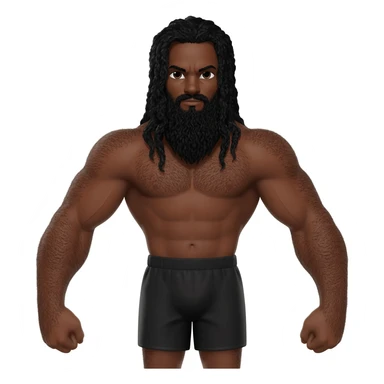 Superhero black male look superstrong black shorts very hairy long black beard and hair big arms no shirt full body size sticker