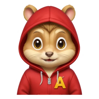 Portrait of a cartoon chipmunk with light brown and beige fur, wearing a red hoodie with a yellow 'A' on it, big round eyes, small nose, and a mischievous grin, front-facing, stylized in animated movie style sticker