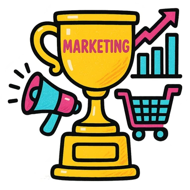 winner's cup trophy symbolizing marketing success with marketing icons, modern vibrant style, suitable for business branding sticker