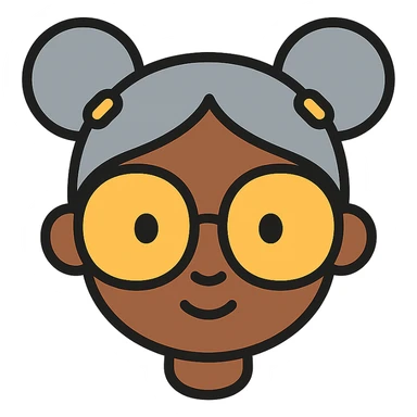 african american girl head with oversize glasses and gray hair in bunches, color outline icon sticker