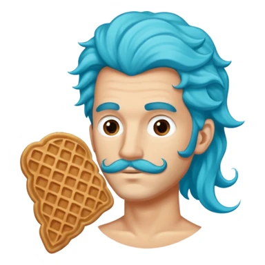 Crée un homme sirène avec une queue bleu turquoise et des long cheveux bouclé chatin en train de manger une gaufre  sticker