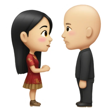 Chinese girl with dark hair kissing bald white man sticker