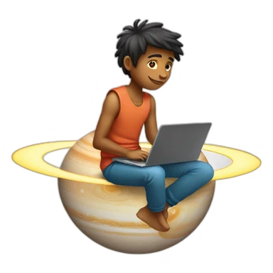 Indian boy with laptop sitting on saturn sticker