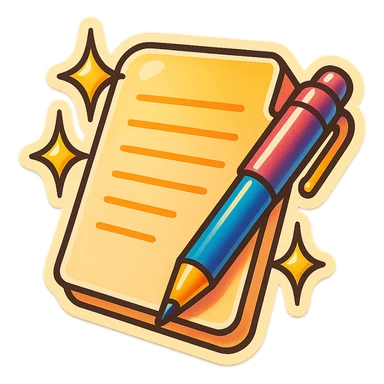 a cheerful and bright sticker of a paper and pen with sparkles sticker