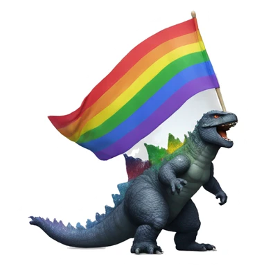 Godzilla playing with a rainbow flag sticker