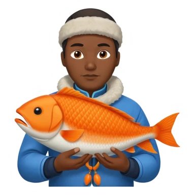 inuit man with traditional clothes and orange fish sticker