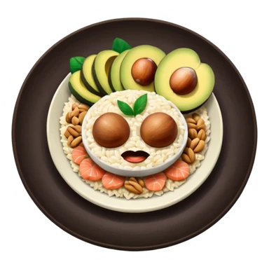 plato con comida variada granos aguacate rebanado salmon nueces arroz

 sticker