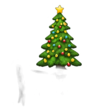 Christmas tree above a table, hanging with its top to the left and bottom to the right sticker