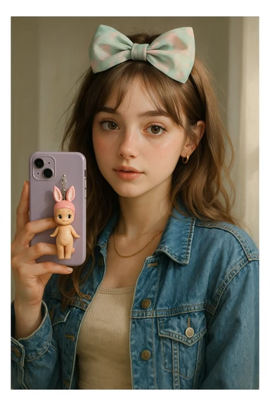realistic illustration of a cute girl with a pastel bow, trendy outfit, and a phone decorated with a Sonny Angel figurine sticker