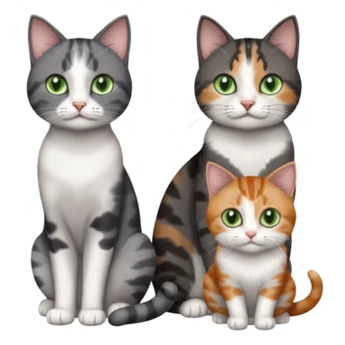 4 different coloured small cats including a dark grey and white, and a patchy calico, and a brown tabby and white,  and a completely solid dark grey with green eyes and only white paws sticker