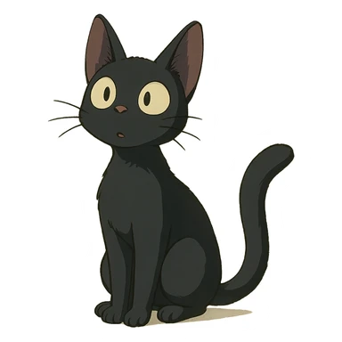 a young black cat looking curious, ghibli style sticker