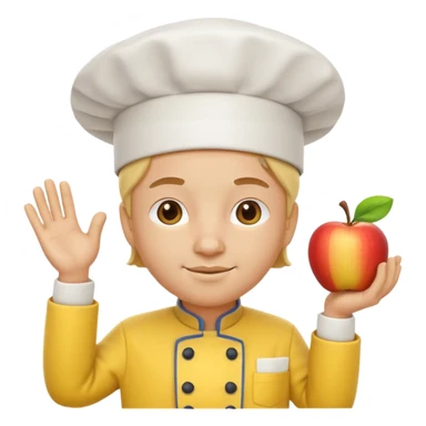 3D cartoon-style chef in the Apple emoji style, wearing a bright yellow chef uniform with hat sticker