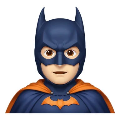 generate a batman emoji with just the face and neck showing and part of the cloak and and wings. Shade the mask in dark navy blue.  Shade the cloak in a solid vibrant orange. Shade the bat logo in a bright medium olive green. sticker