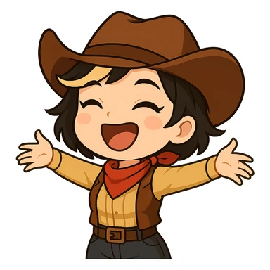 Sexy chibi cowgirl with short hair and a blonde streak, wearing a cowboy hat and western outfit, no guns. Pose: arms outstretched, laughing joyfully, chibi/anime style, sized for Twitch or Discord use, transparent background. sticker