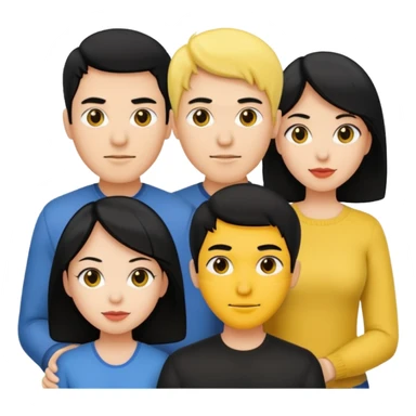 4 people, two man and two women,yellow skin,black hair, Half-body photo sticker