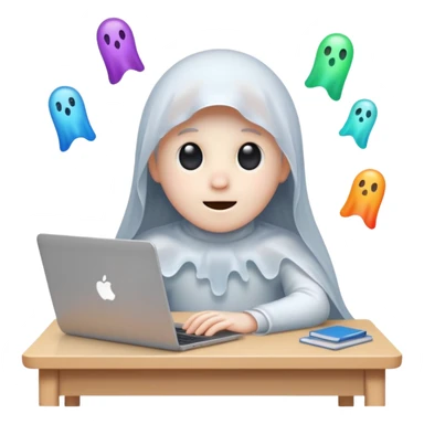 A cute ghost sits in front of a desk and is designing it with a laptop. see a laptop screen, and there is a photoshop screen on the screen. On the ghost surface, many shapes are leaving. sticker