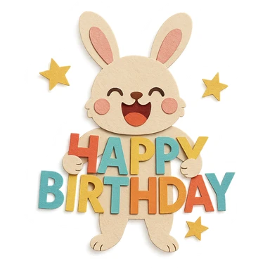 laughing bunny hugging 'Happy Birthday' letters with stars, full body, paper-craft style sticker