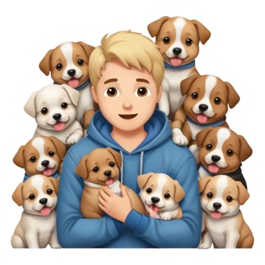 Cute dog lover boyfriend with soft smile, surrounded by puppies, wearing hoodie and jeans, one dog licking his face sticker