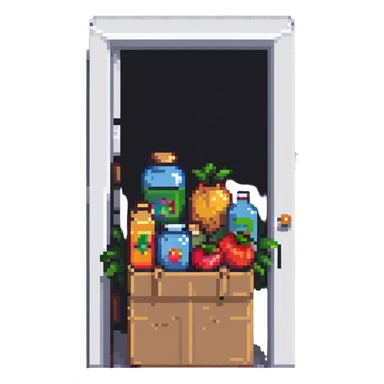 pixel art of a box of organic products in front of a door sticker