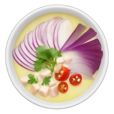 white bowl of hot soup with the following ingredients sliced red onions, albacore, coriander and yucca sticker