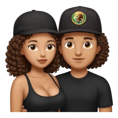 A picture of a tanned couple embracing. the guy is Mexican, with a bald hair cut and he has a SnapBack hat on. The girl is mixed, the girl is wearing a black shirt, the girl has brown curly big hair and the girl has big boobs  sticker