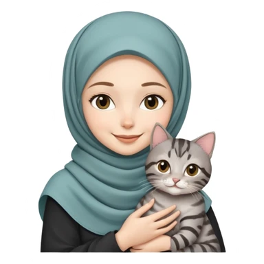 White girl wearing pretty hijab holding a black grey tabby cat while smiling sticker