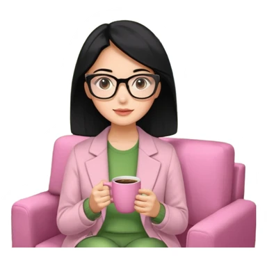 Chica de pelo negro ojos negros y piel morena con lentes oversize square GAFAS DE LEER BIEN GRANDES , ropa de color verde , sentada en una sala de casa , en la mano derecha una taza de cafe en color rosa con una flor negra de diseno. Sentada mirando un drama koreano en la television.  sticker