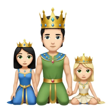 Man as king, standing, black Hair, blue eyes, female Servoamt, blonde, green eyes, shott white sleveless Dress, kneeling, background palace sticker