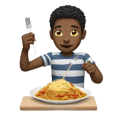 Boy eating spaghetti using someone else’s hand as fork sticker