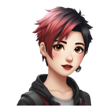 Gorgeous anime style tomboy-lady with blushing face aesthetic and pretty edgy black red punk hair with hair garment trending style sticker