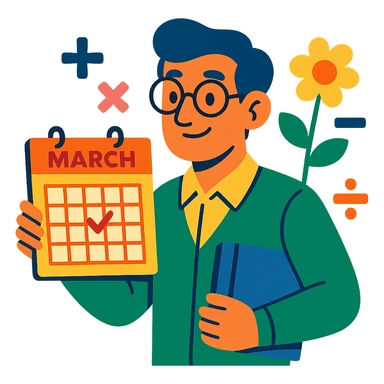 math teacher character with a March calendar, math symbols, and springtime colors sticker