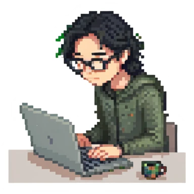 Guy with 3 inch long black hair and glasses on his laptop sticker