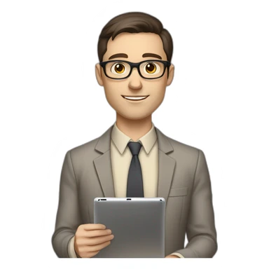 Pale skinned fit man with dark brown hair in gray jacket, beige office shirt, brown tie, brown pants and vintage glasses Writing on the tablet sticker