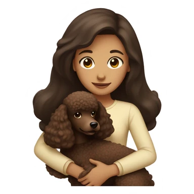 Girl with straight dark brown hair hugs a brown poodle sticker