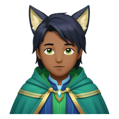 Black anime man with straight long black hair with light-green stripes in it, long dark-blue-black-gradient fox ears, hazel-gradient-brown-turquoise eyes, gold earring, dark-blue-sweater, green cape,  sticker