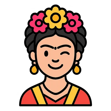 Frida Kahlo souriante qui fait un clin d'œil, style icône moderne, lignes épurées, couleurs contrastées sticker